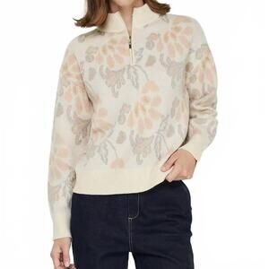 NEW CURRENT AIR jacquard floral half-zip sweater in cream